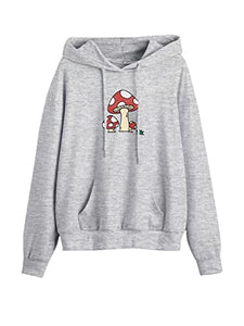 Meladyan Women Mushroom Graphic Print Hoodie Pullover Drop Shoulder Thin Terry Loose Fit Hooded Sweatshirt Jumper Shirt (Large, Grey)