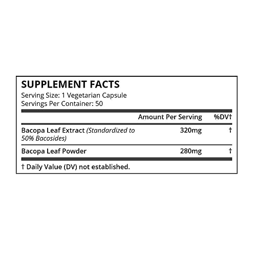 Pure Science Bacopa Monnieri Extract 600mg (S.E. 50% Bacosides 320mg & Bacopa Monnieri Powder 280mg) – Improves Memory and Attention, Promotes Relaxation - Non Gluten - 50 Vegetarian Capsules