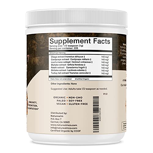 SACRED 7 Mushroom Extract Powder - USDA Organic - Lion's Mane, Reishi, Cordyceps, Maitake, Shiitake, Turkey Tail, Chaga - Immunity Supplement - Add to Coffee & Tea - Real Mushrooms - No fillers - 226g