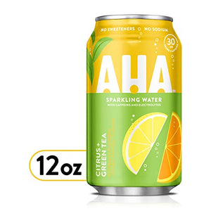 AHA Sparkling Water, Citrus + Green Tea Flavored Water, with Caffeine & Electrolytes, Zero Calories, Sodium Free, No Sweeteners, 12 fl oz, 8 Pack