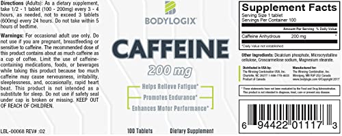 Caffeine Pills 200mg, Bodylogix Caffeine Tablets Maximum Potency Caffeine Supplement (100 Tablets) (Pack of 1)