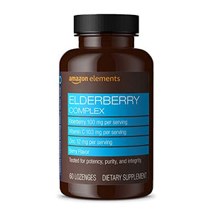 Amazon Elements Elderberry Complex, Immune System Support, 60 Berry Flavored Lozenges, Elderberry 100mg, Vitamin C 103mg, Zinc 12mg per Serving (Packaging may vary)