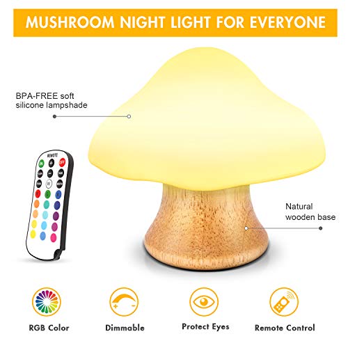 Children's Night Light ANGTUO Wooden Mushroom Lamp Silicone LED Bedside Nursery for Baby Breastfeeding Kids Bedroom - 16 Color Changing - 4 Brightness - 4 Light Mode Control by Remote. New Style