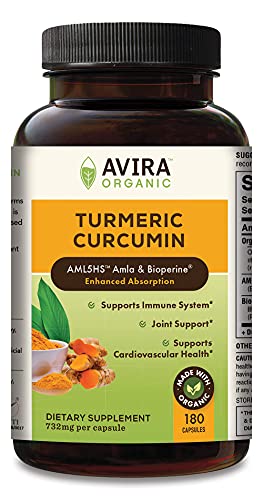 Avira Organic Turmeric Curcumin with Bioperine, Max strength – 2100mg Daily Serving, Non GMO, Made with Organic Turmeric Curcumin with Amla, 180 Capsules for Joint Support, yellow