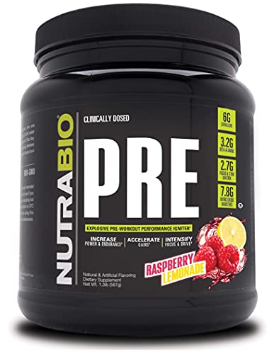 NutraBio PRE Workout Powder - Sustained Energy, Mental Focus, Endurance - Clinically Dosed Formula - Beta Alanine, Creatine, Caffeine, Electrolytes - 20 Servings - Raspberry Lemonade