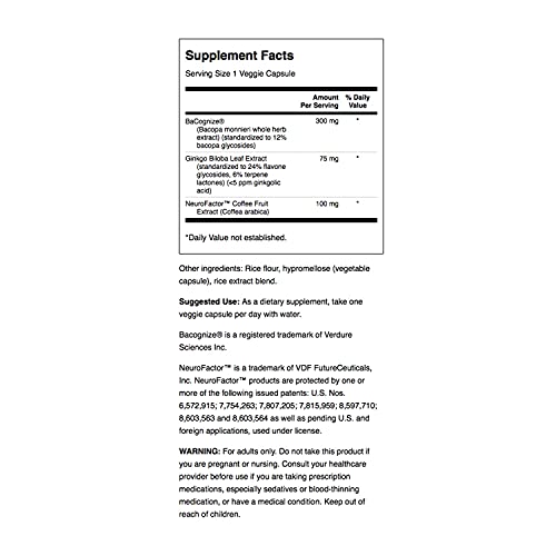 Swanson Pure Brainpower Brain Health Cognitive Memory Focus Support Brain-Derived Neurotrophic Factor (BDNF) Herbal Supplement (Ginkgo Biloba, Bacopa Monnieri) 60 Veggie Capsules (Veg Caps) Vegan