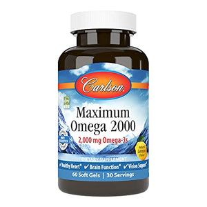 Carlson - Maximum Omega 2000, 2000 mg Omega-3 Fatty Acids Including EPA and DHA, Wild-Caught, Norwegian Fish Oil Supplement, Sustainably Sourced Fish Oil Capsules, Lemon, 60 Softgels
