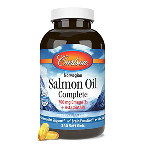 Carlson - Salmon Oil Complete, 700 mg Omega-3s + Astaxanthin, Cardiovascular Support, Brain Function & Joint Health, Norwegian, 240 Softgels