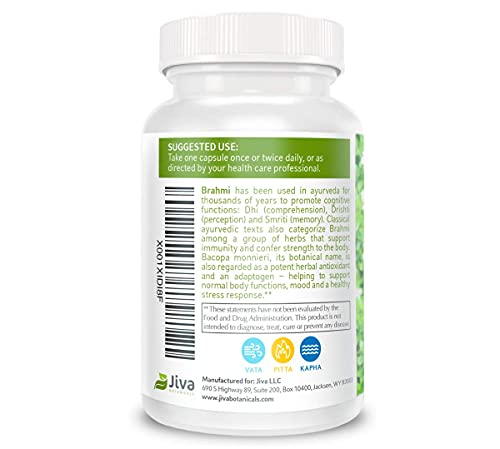 Bacopa Monnieri Brahmi Capsules 1000mg - All Natural Brain Booster Supplement for Focus, Memory, Clarity - Made in USA, Non GMO - High Potency & Purity Bacopa Extract - Jiva Botanicals