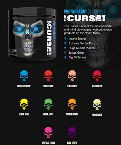 JNX Sports The Curse! Pre Workout Supplement - Intense Energy & Focus, Instant Strength Gains, Enhanced Blood Flow - Nitric Oxide Booster with Creatine & Caffeine - Men & Women | Blue Raspberry | 50 Srv