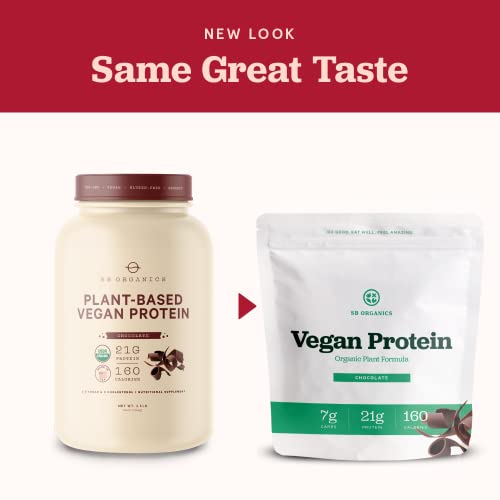 SB Organics Chocolate Vegan Protein Powder - 1.46 lb Canister of Plant Based Organic 21g Protein Blend Shake Mix - Soy, Dairy, and Gluten Free