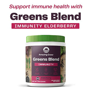 Amazing Grass Greens Blend Immunity Elderberry: Super Greens Powder with 1,000mg Vitamin C, Elderberry, Zinc, Prebioitics & Probiotics, 30 Servings