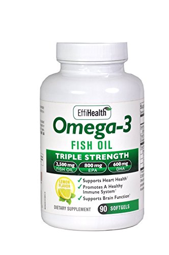 EffiHealth Omega-3 Fish Oil - Triple Strength 2500mg Fish Oil, 1200mg EPA, 600mg DHA - Supports Hearth Health, Brain health and Immune Support – Lemon Flavor, Burpless Fish Oil