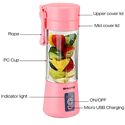 [Upgraded Version] USB Juicer Cup by BHUATO, Portable Juice Blender, Household Fruit Mixer - Six Blades in 3D, 380ml Fruit Mixing Machine for Superb Mixing (Pink)…