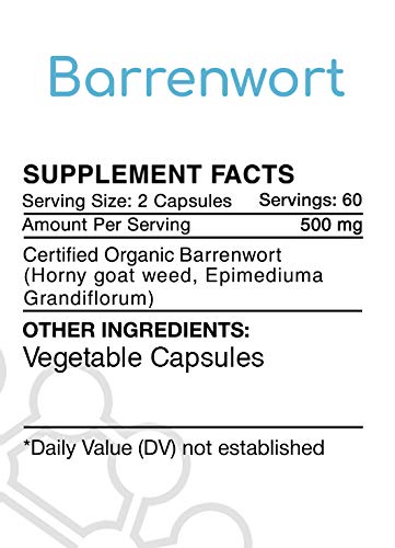 Barrenwort 120 Capsules, 500 mg, Organic Barrenwort (Horny Goat Weed, Epimedium Grandiflorum) Dried Leaf (120 Capsules)