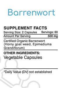 Barrenwort 120 Capsules, 500 mg, Organic Barrenwort (Horny Goat Weed, Epimedium Grandiflorum) Dried Leaf (120 Capsules)