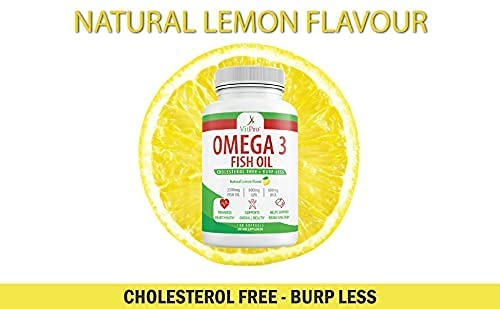Triple Strength Omega 3 Fish Oil - 2500mg with EPA and DHA, Cholesterol Free, Burp-Less, Joint Support, Promotes Brain & Heart Health, Non-GMO, Natural Lemon Flavor - 180 Softgels | VitPro