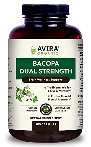 Avira Organic Bacopa Dual Strength, Full Spectrum With Saponins, Bacosides, Cognition, Brain Wellness Support, Helps Positive Mood, Focus And Memory, Max Strength-500mg Per Day Intake, Non GMO