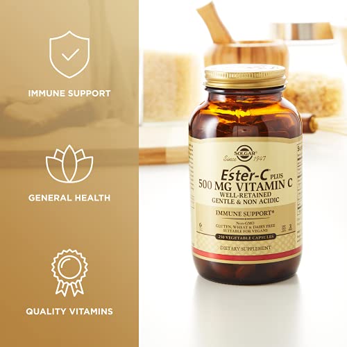 Solgar Ester-C Plus 500 mg Vitamin C (Ascorbate Complex), 250 Vegetable Capsules - Gentle & Non Acidic - Antioxidant & Immune Support - Non GMO, Vegan, Gluten Free, Kosher - 250 Servings