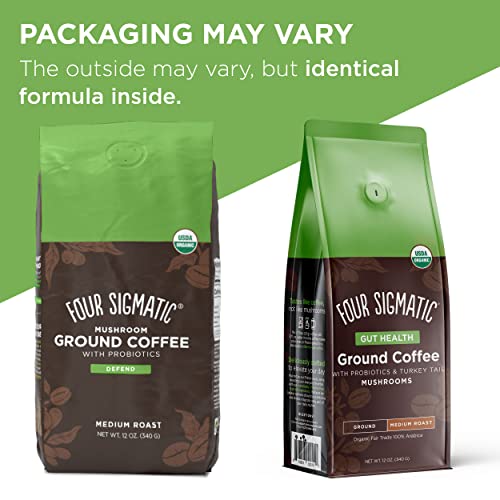 Four Sigma Foods Mushroom Ground Coffee with Probiotics, Organic and Fair Trade Coffee with Turkey Tail, Chaga, prebiotics, & CFU shelf-stable, heat resistant probiotics, Immune Support, 12 Oz