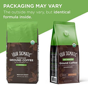 Four Sigma Foods Mushroom Ground Coffee with Probiotics, Organic and Fair Trade Coffee with Turkey Tail, Chaga, prebiotics, & CFU shelf-stable, heat resistant probiotics, Immune Support, 12 Oz