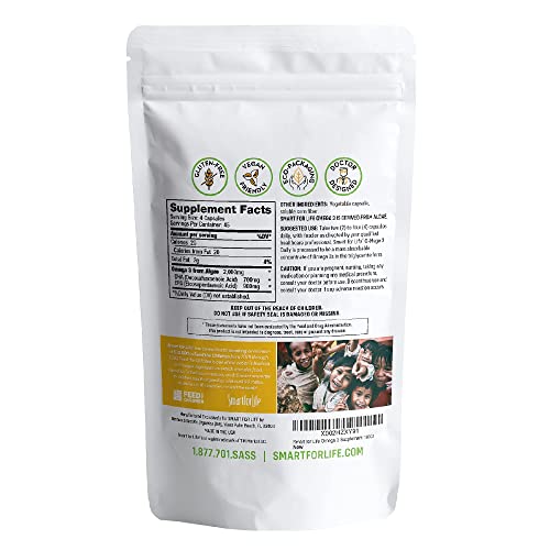 SMART FOR LIFE Algae Vegan Omega 3 Supplement - 180 Capsules - Plant Based Vegan Fish Oil Supplement Alternative - Algae Omega 3 Vegan EPA DHA Supplements - Friendly Packaging - Made in USA