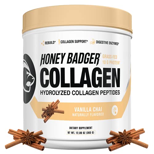 Honey Badger Collagen Peptides Powder | Keto Vanilla Chai Grass Fed Hydrolyzed Collagen Protein Coffee Creamer | Gluten Free, Natural, Non-GMO, Paleo | Skin, Hair, Nail, and Joint Health, 30 Servings