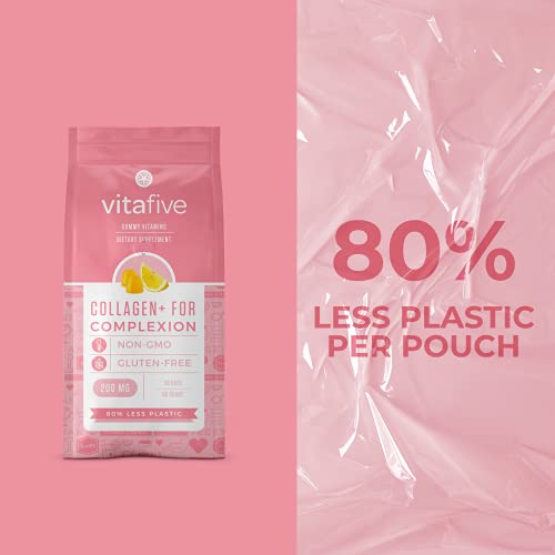 Vitafive Collagen Gummies for Women : Non-GMO & Gluten Free Hair Skin and Nails Gummies Made with Hydrolyzed Collagen, Biotin, Vitamin C, Vitamin E, & Zinc - Natural Lemon Flavor, 200mg (1-Pack)