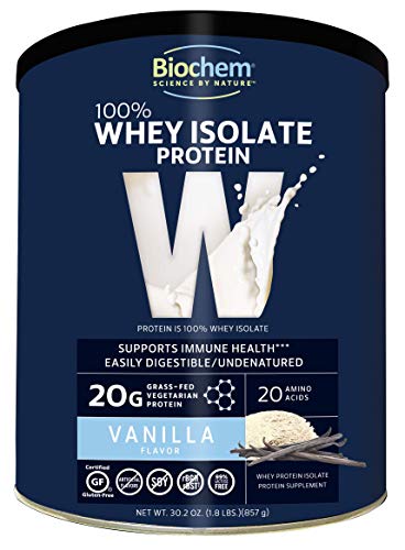 Biochem 100% Whey Isolate Protein - Vanilla - 30.2 oz - 20g of Protein - Meal Replacement -Supports Lean Muscle - Easily Digestible - Silky Smooth Taste - Amino Acids