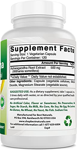 Best Naturals Ashwagandha Capsules for Relaxing Stress and Mood, 500 mg, 120 Count