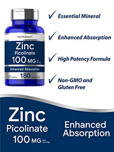 Zinc Picolinate 100mg | 180 Capsules | High Potency | Non-GMO, Gluten Free | Zinc Supplement | by Horbaach