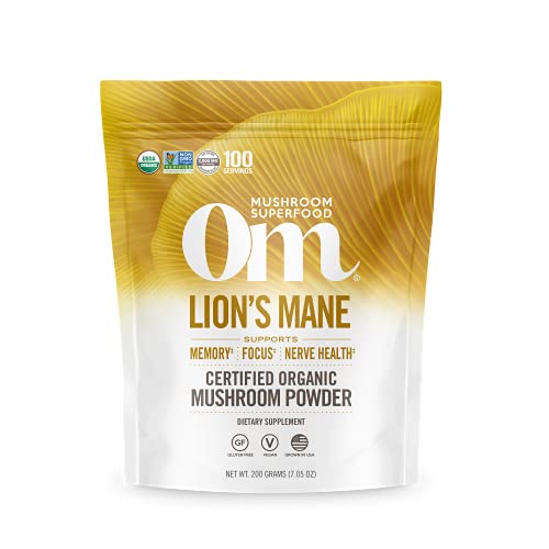 Om Mushroom Superfood Lion's Mane Organic Mushroom Powder, 7.05 Ounce Pouch, 100 Servings, Fruit Body and Mycelium Nootropic for Memory Support, Focus, Clarity, Nerve Health, Creativity and Mood