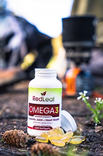 Red Leaf Omega 3, Non-GMO 2000 mg Fish Oil, 800 mg EPA, 600 mg DHA, Omega-3 Supplement from Wild Caught Fish, No Fish Burps, Vitamin E- Unflavored- 120 softgels (60 Servings)