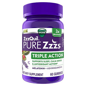 ZzzQuil PURE Zzzs, Triple Action Gummy, 3x Melatonin Sleep-Aid with Ashwagandha, Non-Habit Forming, Drug Free, 6mg Melatonin/Serving, 60 Gummies