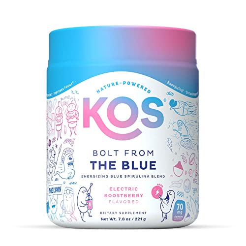 KOS Natural Pre Workout Powder - Blue Raspberry Flavored Blue Spirulina Blend - 70 mg Organic Caffeine, Ginseng, Cordyceps