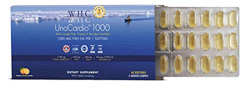 WHC, UnoCardio 1000 Fish Oil (60 Softgels), 1300 mg of Pure Triglyceride Fish Oil with Omega-3 (1180 mg), 665 mg EPA and 445 mg DHA and 25 mcg (1000 IU) Vitamin D3 per softgel