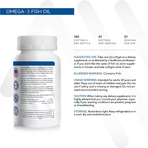 Anew Vita Omega-3 Fish Oil Supplement. Maintains Cardiovascular Health, Healthy Joints, Brain Health. 1300mg. 180 Softgels