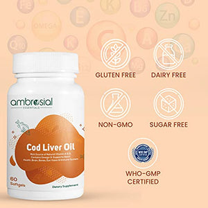 Ambrosial's Pure Cod Fish Liver Oil 300mg | Omega 3 Fatty Acid | Vitamin A, & Vitamin D - 60 Softgels