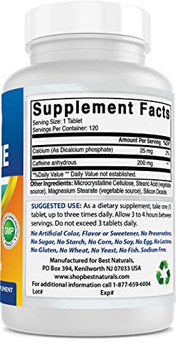 Best Naturals Caffeine Pills 200mg, 120 Count