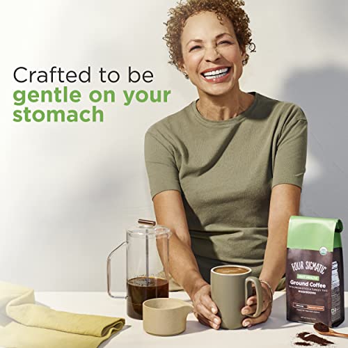 Four Sigma Foods Mushroom Ground Coffee with Probiotics, Organic and Fair Trade Coffee with Turkey Tail, Chaga, prebiotics, & CFU shelf-stable, heat resistant probiotics, Immune Support, 12 Oz