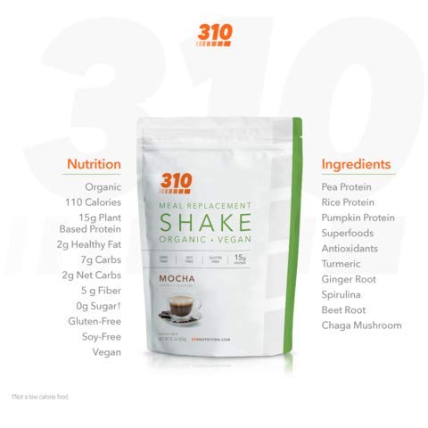 Vegan Organic Plant Protein Powder and Meal Replacement Shake - By 310 Nutrition - Gluten, Dairy and Soy Free - 0g of Sugar | Keto and Paleo Friendly… (Mocha, 28 Servings)