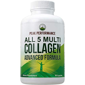 All 5 Multi-Collagen Capsules by Peak Performance. 90 Pills of Grass Fed Collagen Peptides Protein. with All 5 Collagen Types I, II, III,V, X. Grass Fed Beef, Fish, Chicken, Bone Broth Supplement
