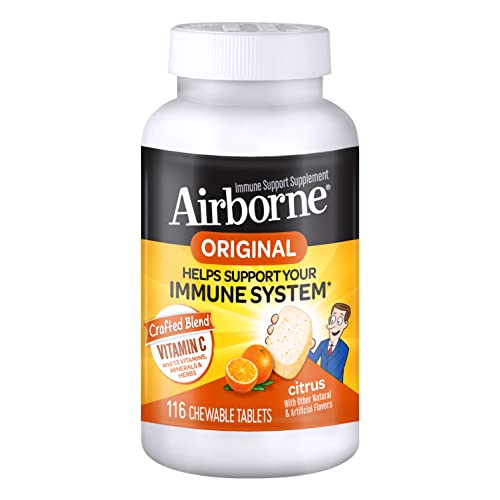 Airborne 1000mg Vitamin C Chewable Tablets with Zinc, Immune Support Supplement with Powerful Antioxidants Vitamins A C & E - (116 count bottle), Citrus Flavor, Gluten-Free