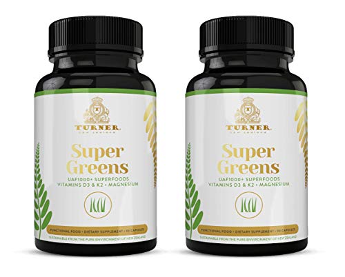 TURNER Super Greens Capsules with UAF1000+, Wheat Grass Supplement, All-Natural New Zealand Green Superfood Energy, Essential Veggies, Antioxidants, Enzymes, Detox & Cleanse, 180 Capsules, 2 Bottles