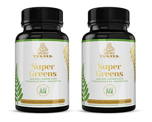 TURNER Super Greens Capsules with UAF1000+, Wheat Grass Supplement, All-Natural New Zealand Green Superfood Energy, Essential Veggies, Antioxidants, Enzymes, Detox & Cleanse, 180 Capsules, 2 Bottles