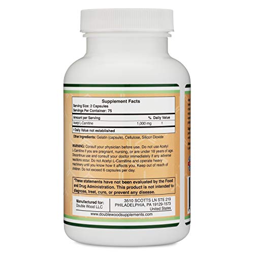 Acetyl L Carnitine (150 Capsules, 75 Day Supply) 1,000mg ALCAR for Brain Function Support, Memory, Attention, and Stamina - Made and Tested in The USA by Double Wood Supplements