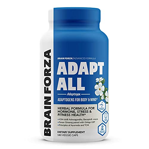 Brain Forza Adapt All Herbal Adaptogen for Stress, Mood & Athletic Performance w/KSM-66 Ashwagandha, Bacopa, Rhodiola Rosea, Cordyceps, Lemon Balm, Ginkgo Biloba USP, 180 Capsules