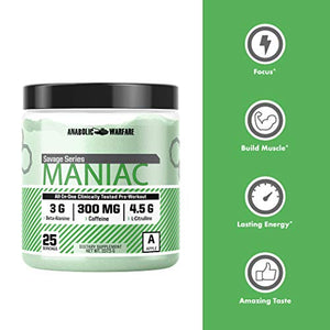 Maniac Pre Workout Powder by Anabolic Warfare – Preworkout Mix to BoostFocus & Energywith Caffeine, Beta Alanine, Lions Mane Mushroom, L Citrulline Powder and Creatine (Apple Melon - 25 Servings)