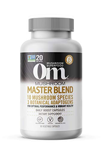 Om Mushroom Superfood Master Blend Mushroom Capsules Supplement, 80 Count, 20 Servings, 10 Mushroom Complex, Lions Mane, Chaga, Cordyceps, Reishi Extract Adaptogens for Vibrant Health, Immune Support