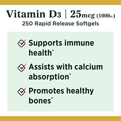 Vitamin D3 by Nature’s Bounty for immune support. Vitamin D3 provides immune support and promotes healthy bones. 1000IU, 250 Softgels